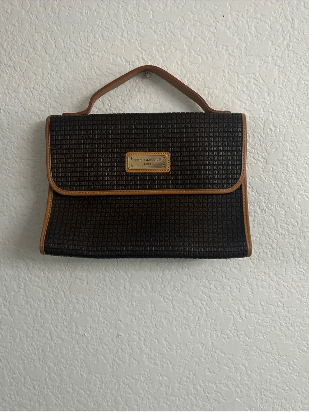 Black Woven Satchel with Tan Trim and Top Handle